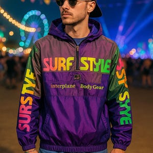 Vintage Surf Style Iridescent Purple Windbreaker Hoodie | 90s Y2K Nylon Pullover | Size Small | Missing Logo Letters | Sold As Is