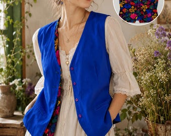 Vintage Reversible Silk Vest Floral Royal Blue QVC Boutique Womens Large