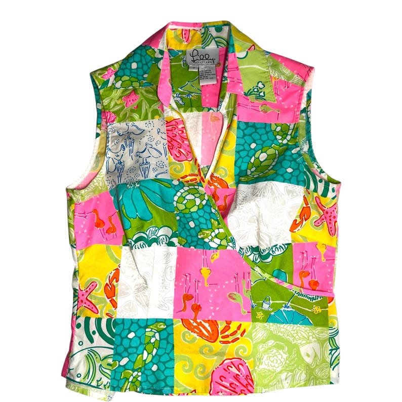 Vintage Lilly Pulitzer Patchwork Wrap Top 90s Ocean Sea Life Cotton Size 2 zdjęcie 2