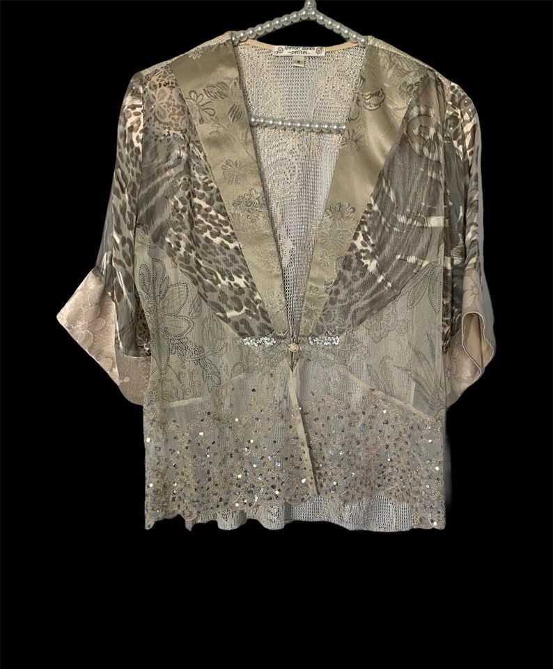 Spencer Alexis Kimono Top Cardigan Jacket Sequins Lace Silk Petite Medium USA Made