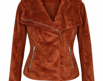 Faux Suede  Moto Jacket Rust Brown High Neck  Zip Front Medium M