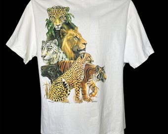 Vintage Safari Big Cats Graphic Tee Hanes USA Single Stitch Lion Tiger Shirt XL