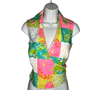 Vintage Lilly Pulitzer Patchwork Wrap Top 90s Ocean Sea Life Cotton Size 2 zdjęcie 4
