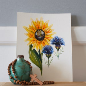 Sunflower and Blue Cornflower Print | Acrylic Painting Print | Proceeds go to support Ukraine | Wall Decor | 8X10 print | Botanical Art