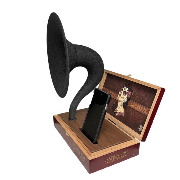 Cigar Box Gramophone Phone Amplifier, iPhone Gramophone Speaker