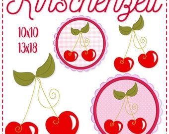 May include: Embroidery design featuring three sets of cherries with stems and leaves. The cherries are red and the stems are yellow. The design is perfect for sewing projects and includes two sizes: 10x10 and 13x18.