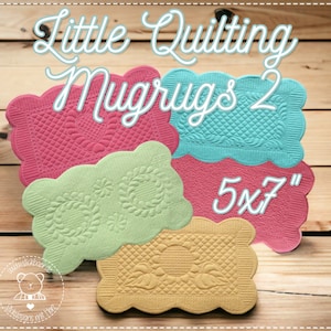 May include: Four quilted mug rugs in different colors and patterns. The mug rugs are 5x7 inches and have a scalloped edge.