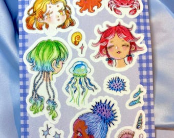 Jellyfish Hair Glitter Sticker Sheet Sea Creature Hairdo Illustration Kawaii Stickers B6 Size