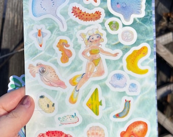Pastel Ocean Scuba Diver Pearlescent Sticker Sheet Sea Creature Illustration Kawaii Stickers B6 Size
