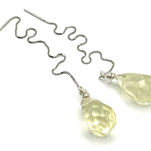 Lemon Quartz Threaders, Long Dangle Earrings, 925 Sterling Silver, Modern Gemstone Jewellery for Women, Minimal Bijoux, Uk Gift for Her