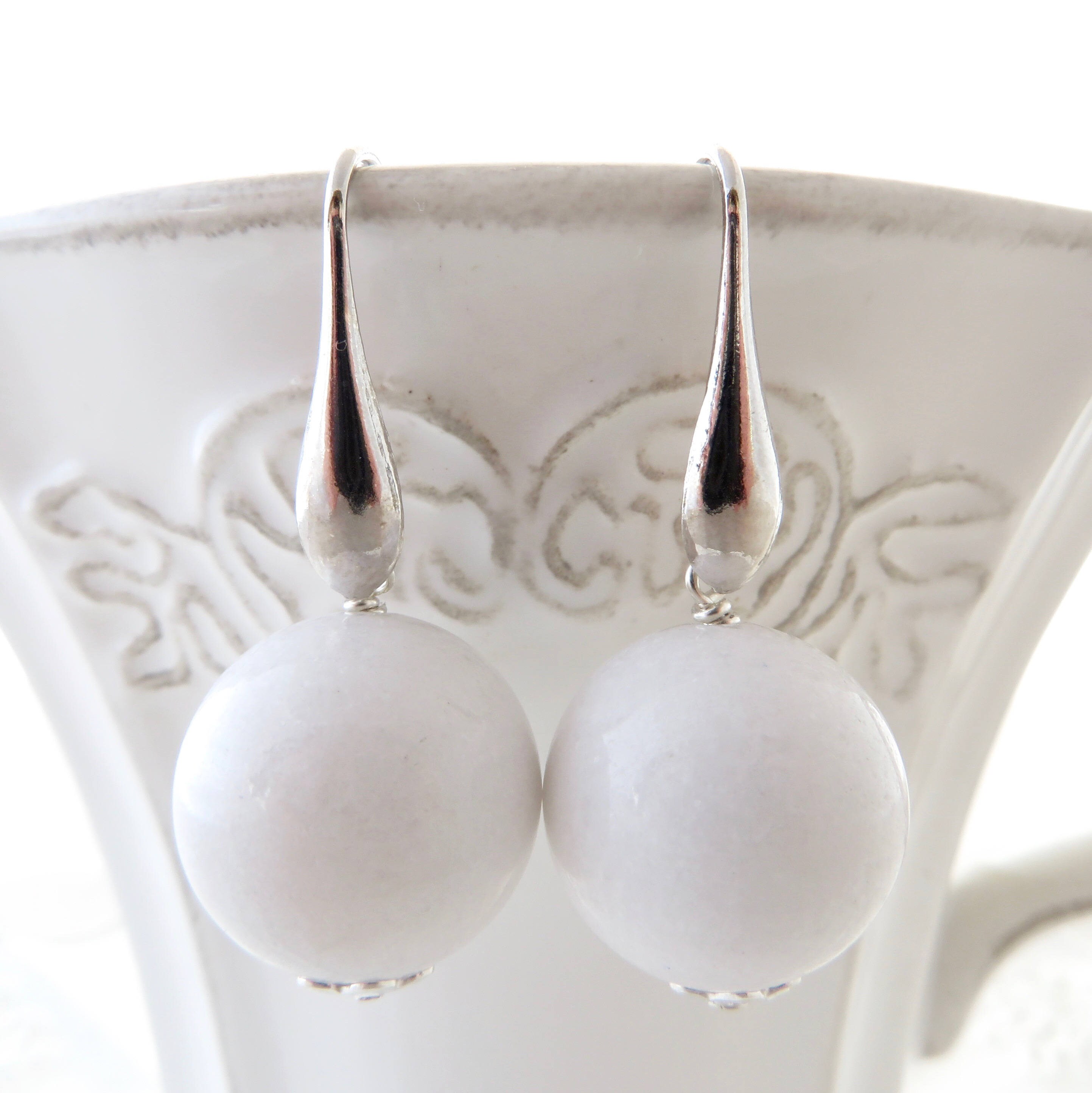 White jade earrings 925 sterling silver earrings ball Etsy