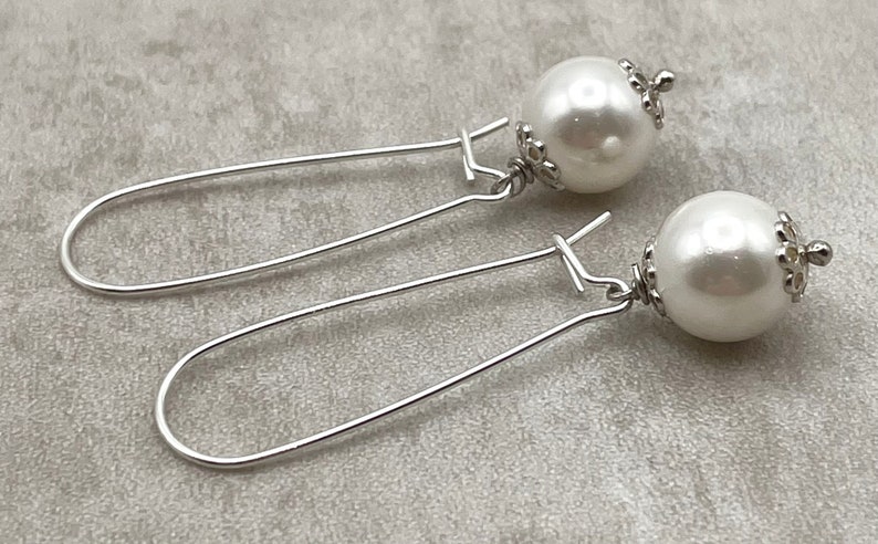 White Pearl Drop Earrings, 925 Sterling Silver Long Dangle, Everyday Jewelry, Contemporary Style, Uk Women's Fashion Jewels, Made in Italy image 8