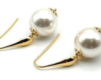 White Pearl Earrings 14 mm,  24 K Gold Vermeil Made in Italy, Classic Jewellery, Wedding Gifts, Uk Anniversary Gift for Her, June Birthstone