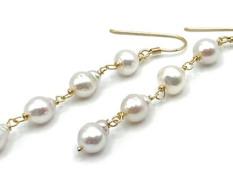 Freshwater Pearl Earrings, Italian Gold Vermeil 24 K, Long Dangling Earrings, Classic Jewellery, Uk Gift for Wife, Bijoux Made in Italy