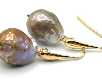 Flameball Pearl Earrings, Big Baroque Pearl Earrings, Italian Gold Vermeil, Wedding Jewelry, Made in Italy, June Birthstone, Gift for Her