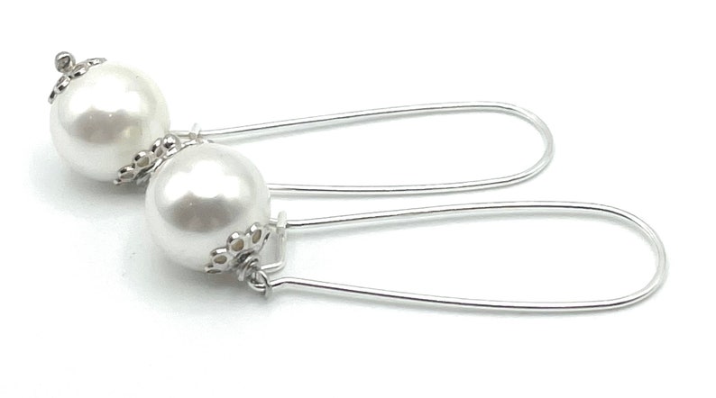 White Pearl Drop Earrings, 925 Sterling Silver Long Dangle, Everyday Jewelry, Contemporary Style, Uk Women's Fashion Jewels, Made in Italy image 5