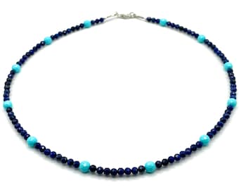 Lapis Lazuli Necklace with Turquoise, Layering Beaded Choker, 925 Sterling Silver, Dainty Stone Jewelry, Minimalist Bijoux, Made in Italy