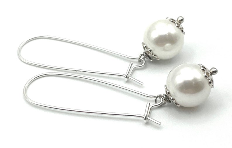 White Pearl Drop Earrings, 925 Sterling Silver Long Dangle, Everyday Jewelry, Contemporary Style, Uk Women's Fashion Jewels, Made in Italy image 9