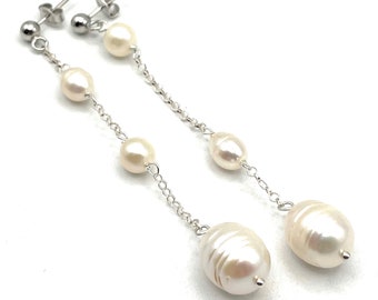 Freshwater White Pearl Earrings, 925 Sterling Silver Asymmetric Threader, Bridal Jewellery, June Birthstone, Uk Anniversary Gift for Wife