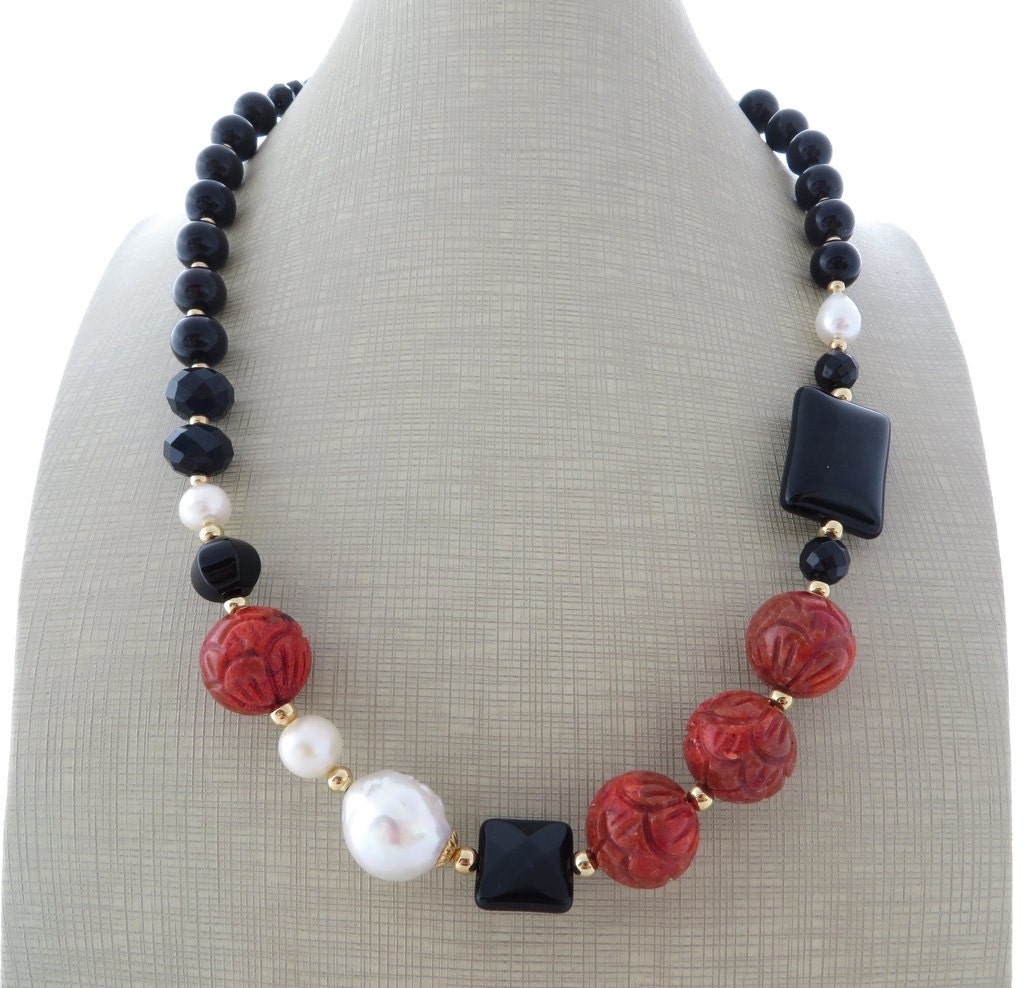 Red coral necklace baroque pearl necklace black onyx Etsy