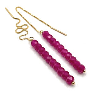 Red Ruby Threaders, 24 K Gold Vermeil, Long Drop Earrings, Dainty Gemstone Jewellery, July Birthstone, Minimalist Bijoux, Uk Gift for Her