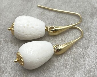 White Coral Earrings, Gold Vermeil 24 K, Made in Italy, Small Drop Earrings, Gemstone Jewelry, Uk Birthday Gift for Wife, Wedding Bijoux