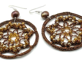 Brown Crochet Earrings, 925 Sterling Silver, Large Disc Earrings, Boho Jewellery, Bijoux Macramé, Uk Gift for Her, Jewels Made in Italy
