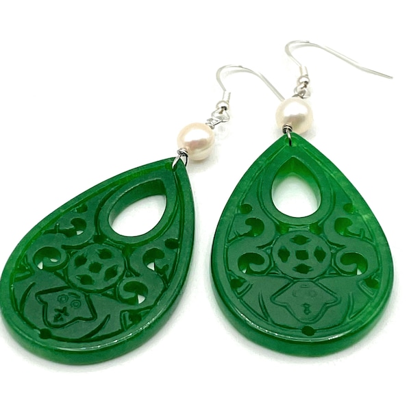 Carved Green Jade Earrings with Freshwater Pearls, 925 Sterling Silver, Oriental Jewelry, Teardrop Earrings, Made in Italy, Uk Gift for Her