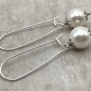 White Pearl Drop Earrings, 925 Sterling Silver Long Dangle, Everyday Jewelry, Contemporary Style, Uk Women's Fashion Jewels, Made in Italy image 2