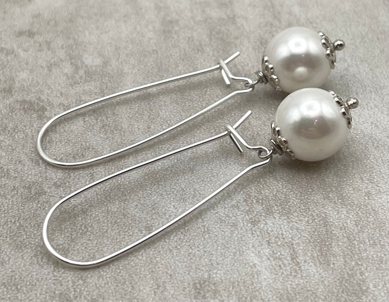 White Pearl Drop Earrings, 925 Sterling Silver Long Dangle, Everyday Jewelry, Contemporary Style, Uk Women's Fashion Jewels, Made in Italy image 2