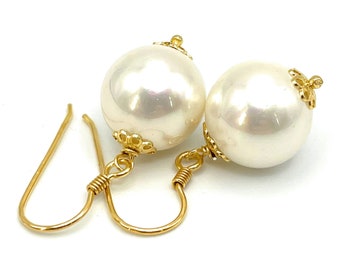 24 K Gold Vermeil Pearl Earrings 14 mm, Classic Dangle Earrings, Everyday Jewellery, Uk Gift for Her, Jewels Made in Italy, Present for Mum