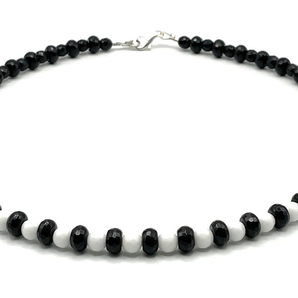 Black and White Agate Necklace, 925 Sterling Silver, Onyx Stone Choker, Gemstone Jewelry, Optical Bijoux Made in Italy, Uk Gift for Women