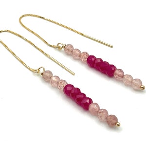 Ombre Ruby Threaders with Rose Quartz, 24 K Gold Vermeil, Long Drop Earrings, Dainty Gemstone Jewellery, July Birthstone, Minimalist Bijoux