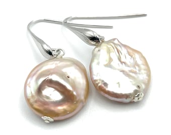 Large Pink Pearl Earrings in 925 Sterling Silver, Bridal Jewellery, Made in Italy, June Birthstone, Uk Anniversary Gift for Wife, Bijoux