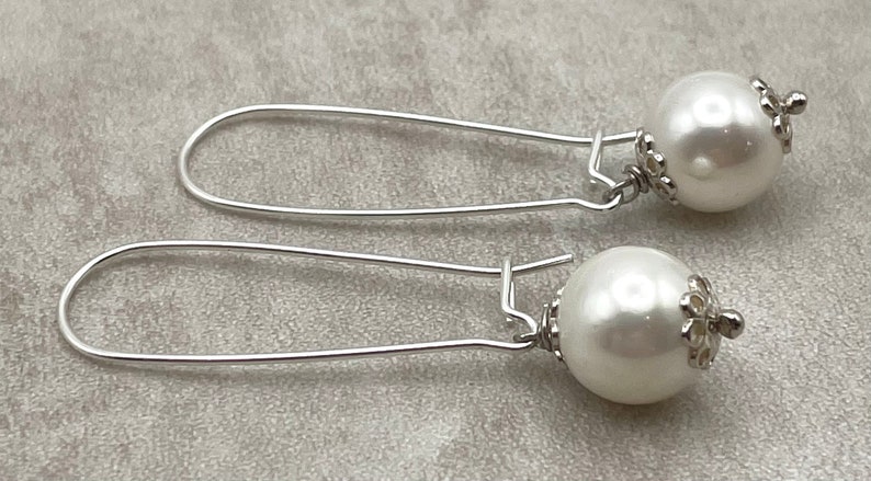 White Pearl Drop Earrings, 925 Sterling Silver Long Dangle, Everyday Jewelry, Contemporary Style, Uk Women's Fashion Jewels, Made in Italy image 4