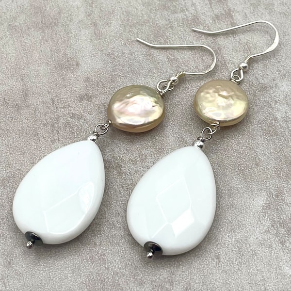 White Agate Earrings with Freshwater Pearls, 925 Sterling Silver, Gemstone Jewelry, Summer Bijoux, Uk Birthday Gift for Wife, Made in Italy