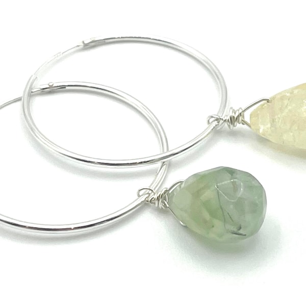 Prehnite and Citrine Hoops, Mismatched Dangle Earrings, 925 Sterling Silver, Boho Gemstone Jewellery, November Birthstone, Uk Gift for Her