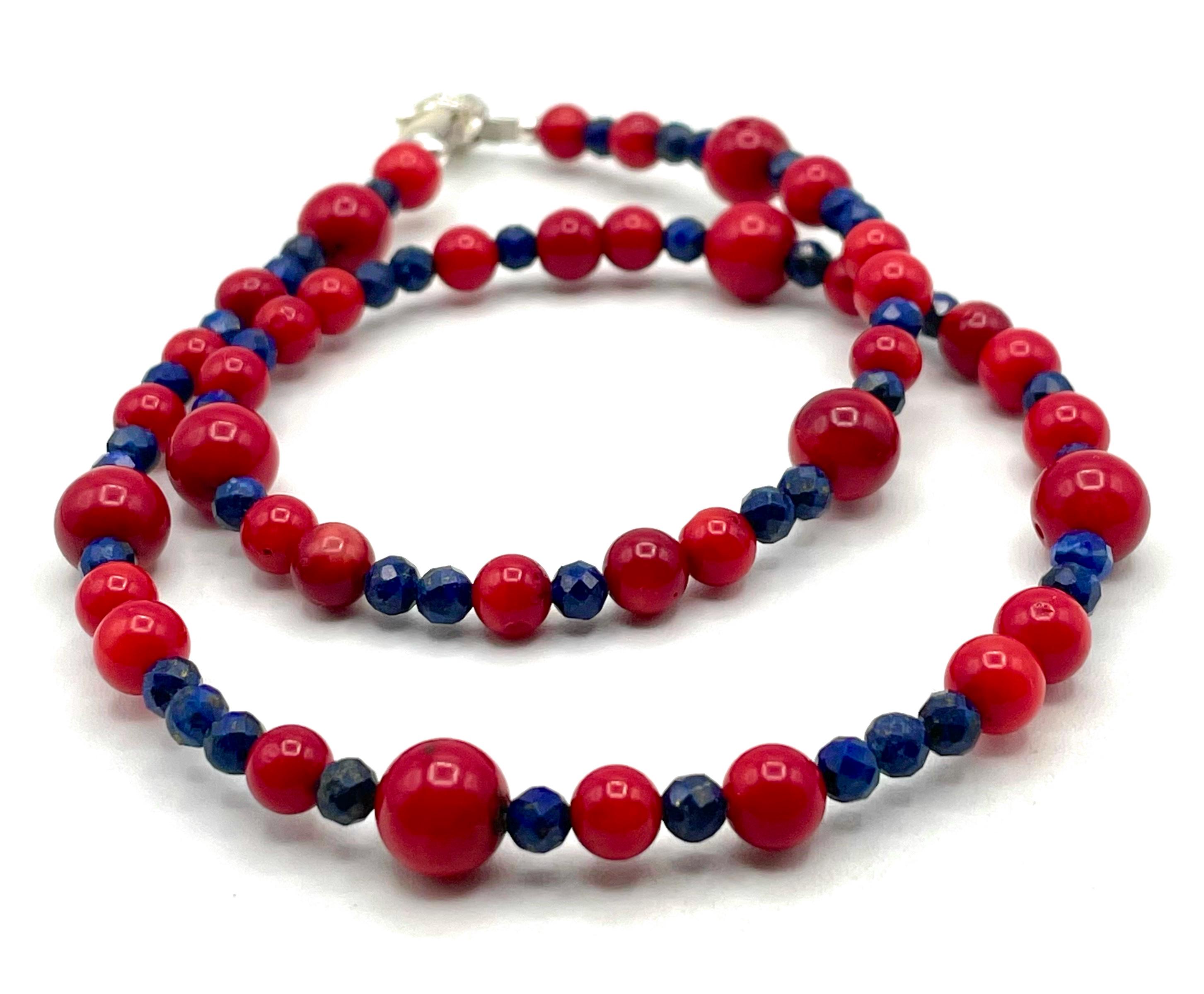 ラピスラズリと珊瑚のネックレス ラピスラズリ付き赤珊瑚ネックレス、宝石チョーカー、925スターリング