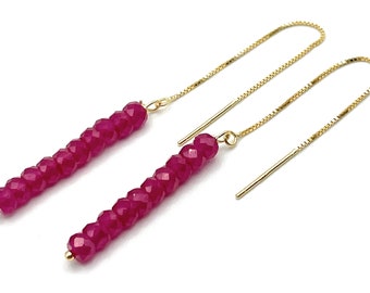 Red Ruby Threaders, 24 K Gold Vermeil, Long Drop Earrings, Dainty Gemstone Jewellery, July Birthstone, Minimalist Bijoux, Uk Gift for Her