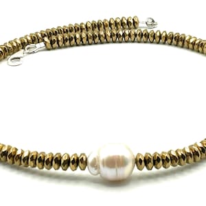 Gold Hematite Necklace with Baroque Floating Pearl, Sterling Silver, Chunky Layering Choker, Gemstone Jewelry, Made in Italy, Gift for Her