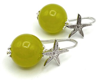 Small Green Jade Earrings, 925 Sterling Silver Starfishes, Summer Gemstone Jewellery, Bijoux Made in Italy, August Birthstone, Gift for Mum