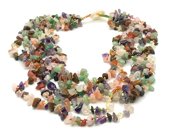 Collana Multi Filo, Girocollo Torchon con Ametista Agata Avventurina Quarzo Rosa, Gioielli Pietre Dure Naturali, Bijoux Artigianali