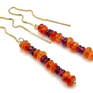Carnelian and Garnet Threaders, Long Dangle Earrings in Gold Vermeil 24 K, Minimalist Jewellery, Healing Crystals, Uk Christmas Gift for Her