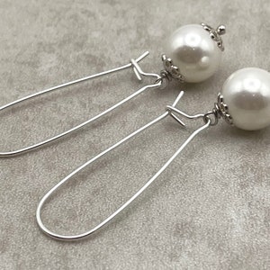 White Pearl Drop Earrings, 925 Sterling Silver Long Dangle, Everyday Jewelry, Contemporary Style, Uk Women's Fashion Jewels, Made in Italy image 6