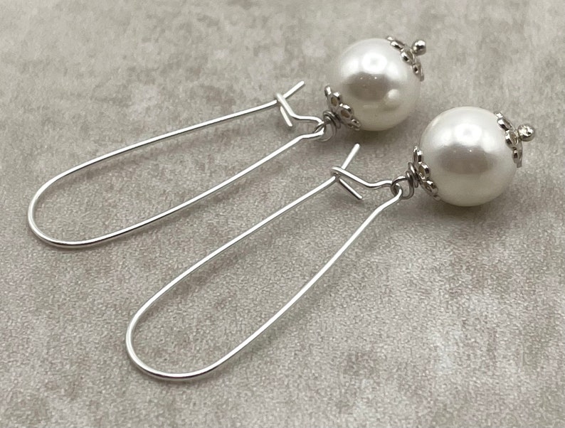 White Pearl Drop Earrings, 925 Sterling Silver Long Dangle, Everyday Jewelry, Contemporary Style, Uk Women's Fashion Jewels, Made in Italy image 6