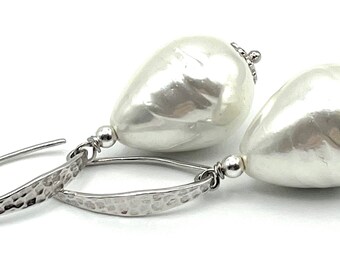 Large Pearl Earrings, Hammered 925 Sterling Silver Made in Italy, Italian Jewellery, Uk Birthday Gifts for Her, Anniversary Gift for Wife