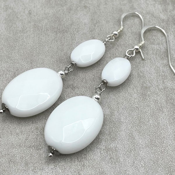 Boucles d'Oreilles en Agate Blanche, Argent 925, Pierres de Gemmes, Made in Italy, Bijoux Artisanaux, Cadeau pour Femme