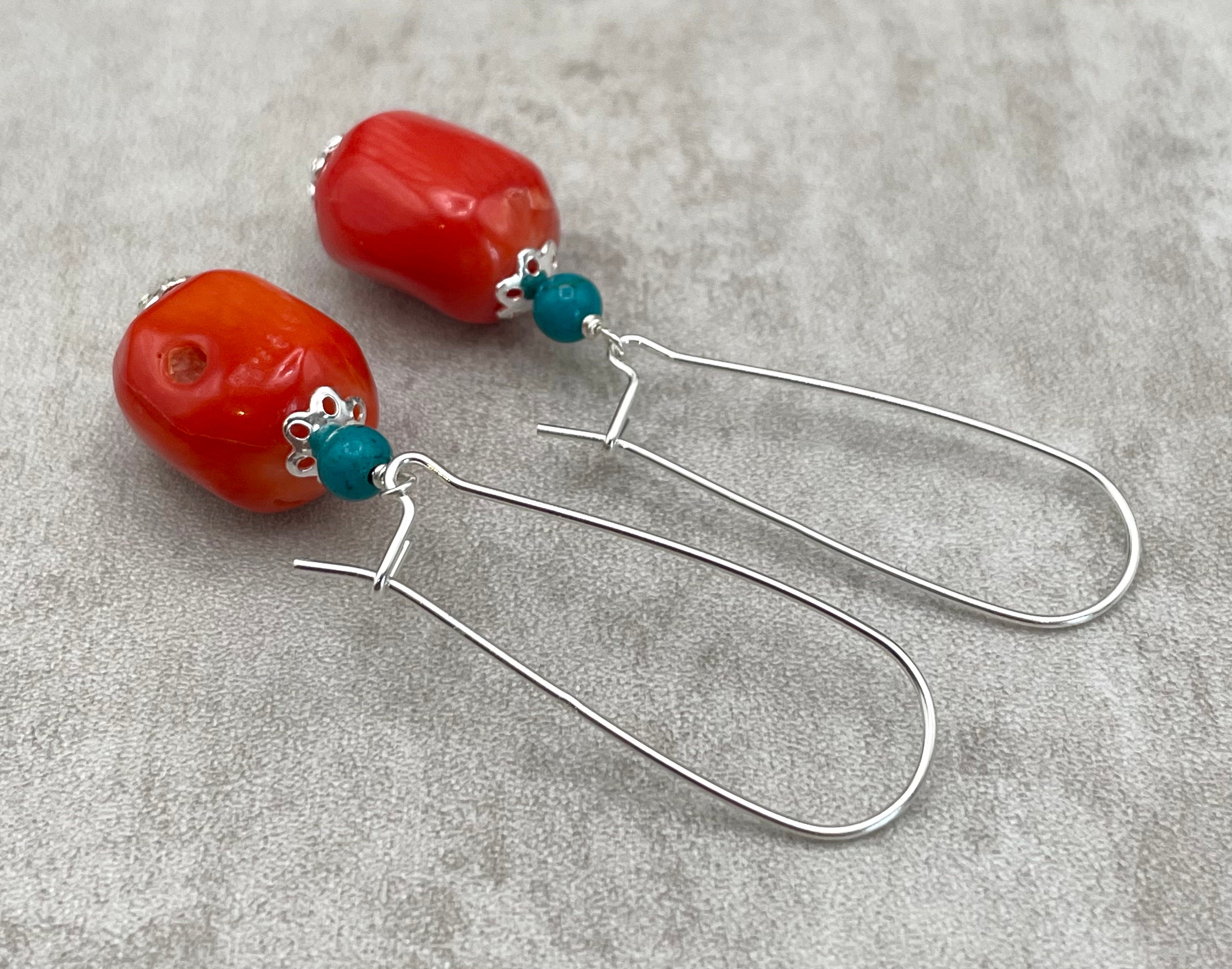 Orange Coral Earrings With Turquoise 925 Sterling Silver Long Etsy UK