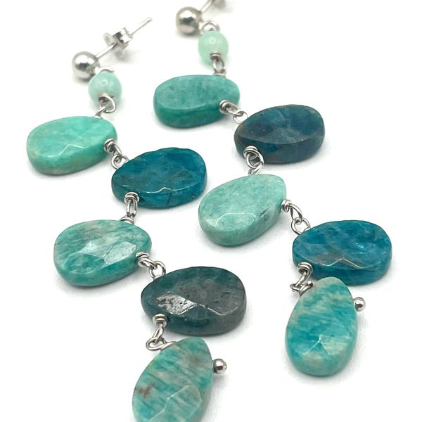 Cascade Amazonite Earrings with Apatite, 925 Sterling Silver, Waterfall Turquoise Earrings, Summer Jewelry, Gift for  Her, Made in Italy