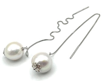 Pearl Threader Earrings, 925 Sterling Silver, Freshwater White Pearl Earrings, Dainty Jewelry, Minimalist Style, Uk Bridesmaid Gift, Bijoux